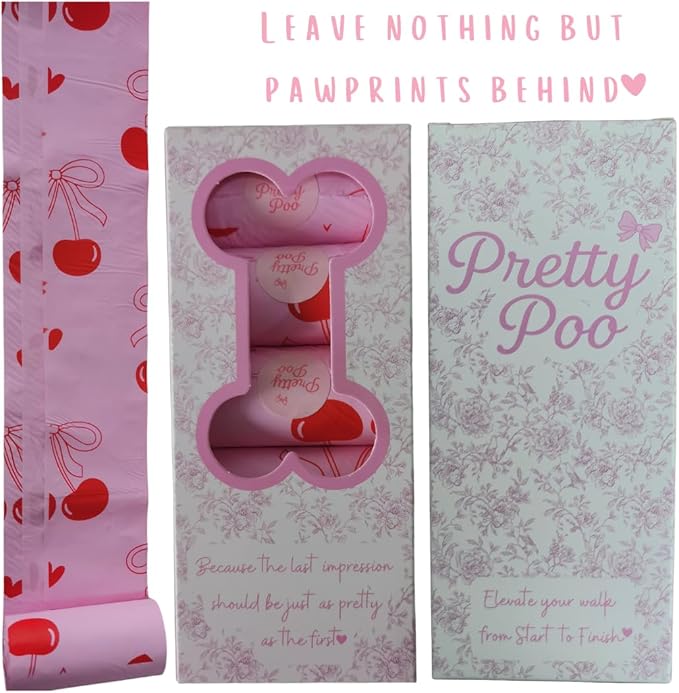 Pretty Dog Poop Bags - 150 Count, Certified Home Compostable, Leakproof, Extra Thick, Tear Resistant, Pink, Vanilla Scented, Cherry Burst