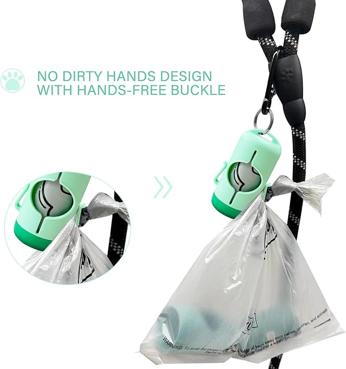 Dog Poop Bag Holder with Leash Clip, Adjustable Strap & 2-Side Hooks for Used Dog Waste Bags (Mint Green)