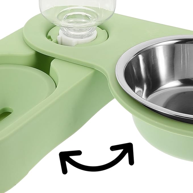Cabilock Stainless Steel Double Pet Feeder Bowls Rotatable Corner Foldable Feeding Station with Green Base for Indoor Cats and Puppies