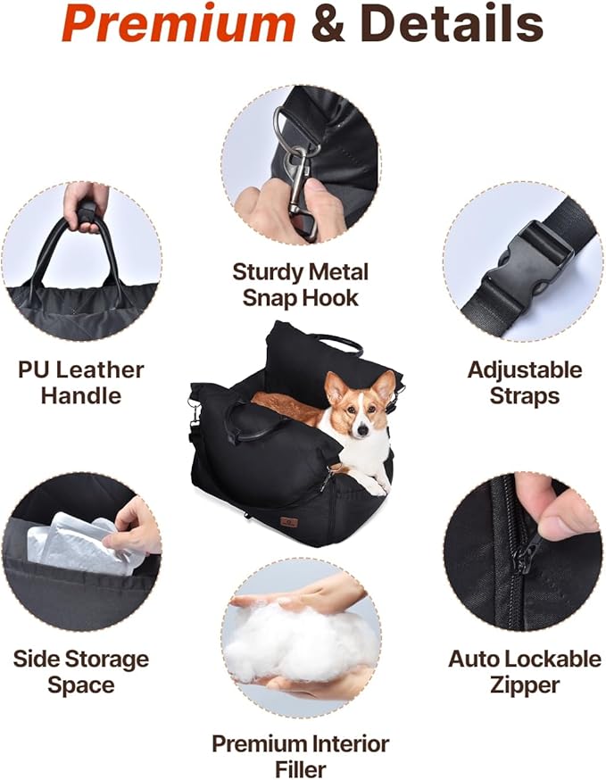 PET MARVEL Dog Car Seat for Small Dogs Up to 25 lbs, Pet Booster Seat with Safety Leash and Thick Cushion, Fully Detachable Washable Pet Bag with Storage Pocket, Portable Car Travel Carrier, Black