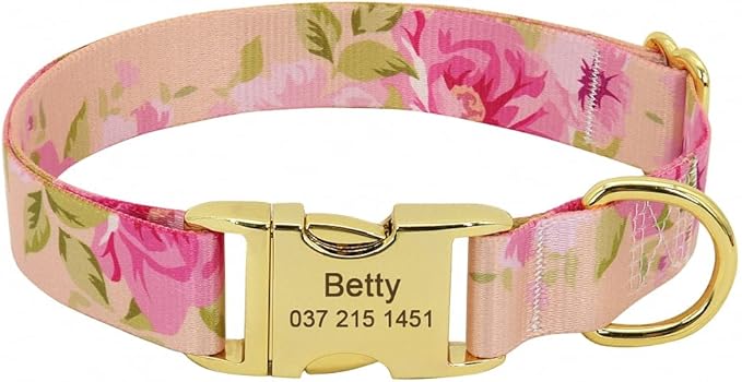 Fashion Custom Dog Collar Personalized Pet Collars Nylon Flower Print Dog ID Collars Engraved Name for Small Medium Large Dog Pink S
