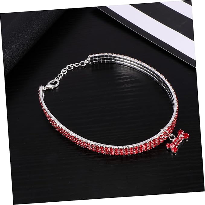 Adjustable Rhinestone Pet Dog Collar Shining Bone Pendant Luxury Necklace Red Comfortable Fit for Walking Outdoor Sports