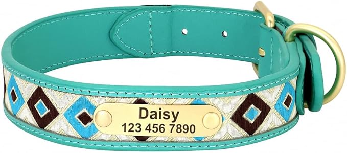 Exotic Custom Dog Collars PU Leather Personalized Pet Name ID Collar Padded Ethnic Collars Adjustable for Small Medium Large Dog Blue L