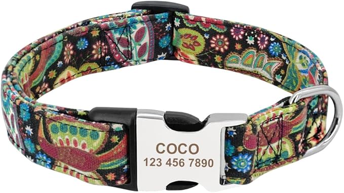 Personalized Dog Collar Nylon Print Dog Collars Customized Puppy Pet Collar Engraved Name ID for Small Medium Large Big Dogs Pug 019 Red Green L