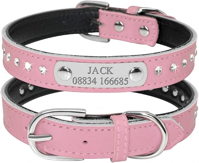 Custom Leather Dog Collars Adjustable Padded Rhinestone Personalized Dogs ID Collar Free Engraving for Small Medium Dogs Cats Pink XS