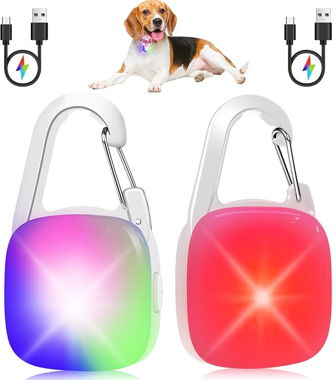Dog Collar Light, 2 Pack Rechargeable Dog Light Clip On, 80LM Brightness 4 Color Modes Dogs Lights for Night Walking, Waterproof Pet Camping Essentials for Running, Cycling, Hiking (White)