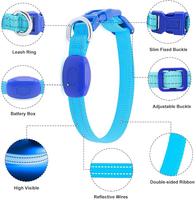 Light Up Dog Collar for Small Dogs, LED Dog Collar Rechargeable Safety Dog Lights, Fully Adjustable Glow in The Dark Dog Collar Light for Night Walking & Camping (X-Small, Blue)