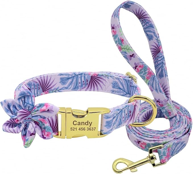 Flower Custom Dog Collar Leash Floral Printed Nylon Pet Dog Collars Lead Personalized Puppy Collars for Small Medium Large Dog 151 Purple Set S