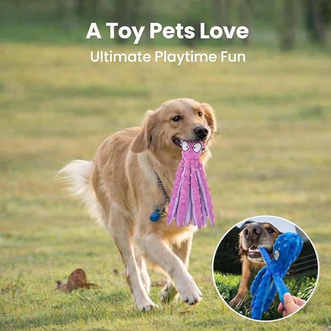 Bark & Brush Octopus Dog Toy 2-Pack – No Stuffing Squeaky & Crinkle Plush Dog Toys for Puppies & Dogs, Enrichment Chew Toy for Teething, Tug of War & Fetch