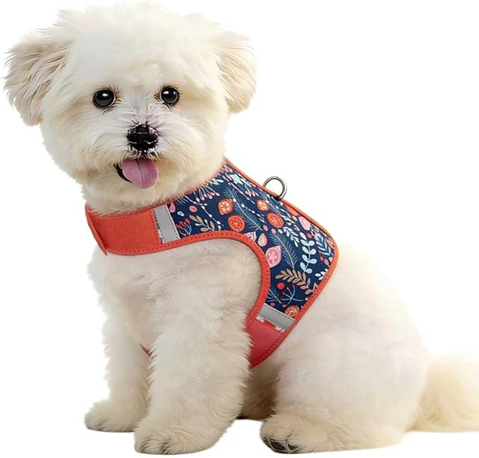 Dog Harness for Small Sized Dog,Hook-and-Loop Easy On/Off, Reflective Adjustable Soft Mesh Vest for Puppy (Navy Floral Print,M)