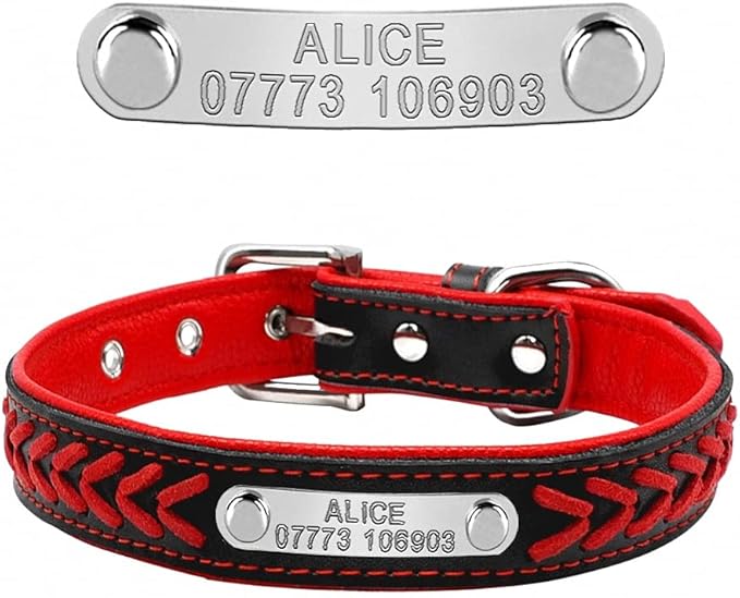 Customized Dog Collars Adjustable Padded Leather Personalized Pet Name ID Collar Free Engraving for Small Medium Large Dogs Cats Red XS