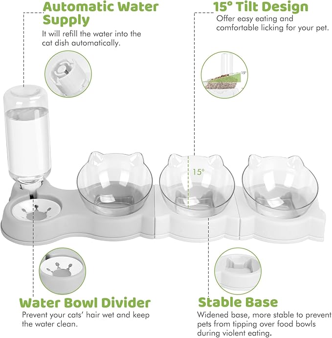 Yummy Sam Raised Four Cat Dishes for Food and Water, 15° Tilted 4 in 1 Small Pet Feeding Bowls Set with Automatic Water Bottle and Triple Food Bowls, Pet Feeder for Small Medium Pets Dog Puppy Cats