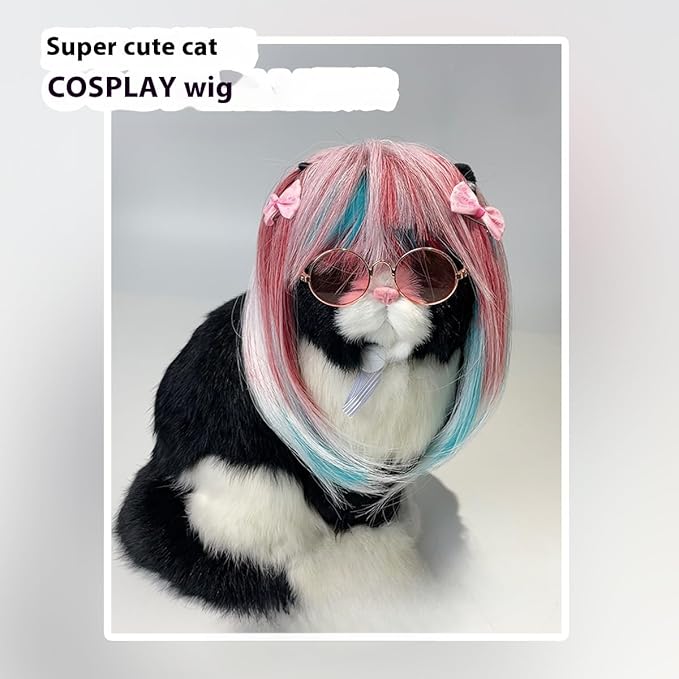 Pet Wig for Dogs and Cats, Realistic Adjustable Costume Wig with Simulated Hair for Small Medium Large Pets, Halloween Cosplay Party Photo Shoot Fun Accessory (Pink)