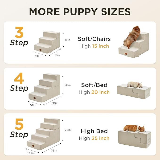 Joydeco Dog Stairs for Bed 25" H, 5-Step Pet Steps for Small Dogs and Cats, Dog Steps for High Bed, Non-Slip Balanced Ramp Indoor Pet Stairs, Beige