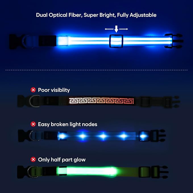 BSEEN Light Up Dog Collar - Glow in The Dark LED Dog Collar Rechargeable, Double Line Fiber Optic Lighted Puppy Collar, Safety Dog Lights for Night Walking (Blue, Medium)