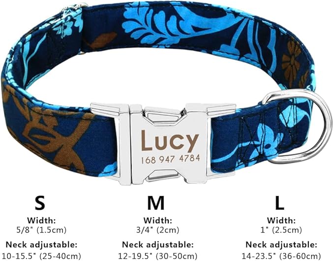 Personalized Dog Collar Nylon Print Dog Collars Customized Puppy Pet Collar Engraved Name ID for Small Medium Large Big Dogs Pug 011 Blue S
