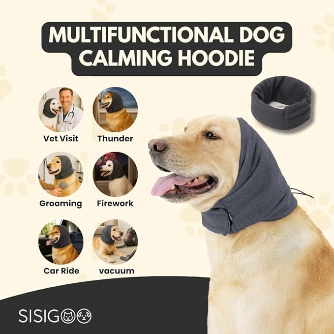 Dog Calming Hoodie – No Shake Ear Wraps for Dogs – Adjustable Dog Ear Muffs for Noise Protection – Ear Wrap Head Cover for Anxiety Relief, Hematoma, Grooming & Force Drying (Dark Gray, L)