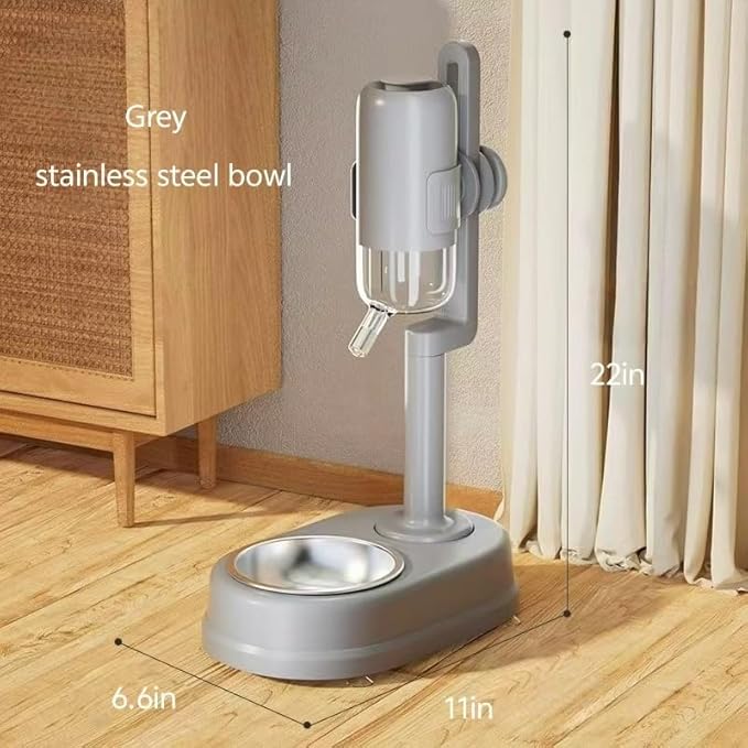 Integrated pet Water Dispenser, Automatic Ball Water Dispenser, Water Dispenser for Cats and Dogs After Licking, Adjustable Height, Suitable for Both Cats and Dogs, Stainless Steel Bowl, Gray Version
