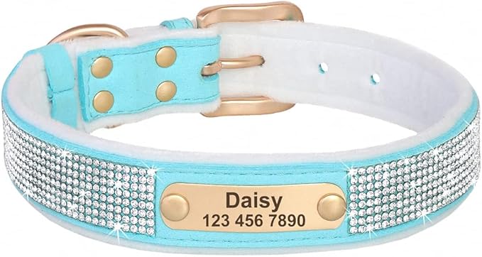 Personalized Dog Collar Crystal Rhinestone Dog Collars Anti-Lost Soft Padded ID Collar Free Engraved for Small Medium Large Dogs Blue L