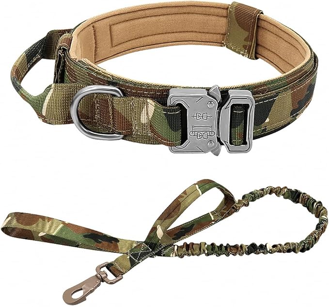 Military Tactical Dog Collar Leash German Shepard Medium Large Dog Collars Lead for Walking Training Dog Collar Control Handle Camouflag Set M