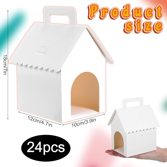 Afcabakila 24PCS Dog House Party Favor Boxes, Dog House Shaped Treat Gift Boxes with Holes Foldable Cardboard with Handles for Puppy Adoption, Birthday, Pet Theme Decorations (Dolls Not Included)