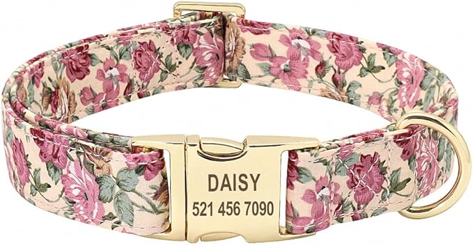 Flower Dog Collar Leash Set Custom Small Medium Large Dog Pet Collars Floral Print Nylon Dog Collars with Treat Bag Snack Bag Beige Collar M