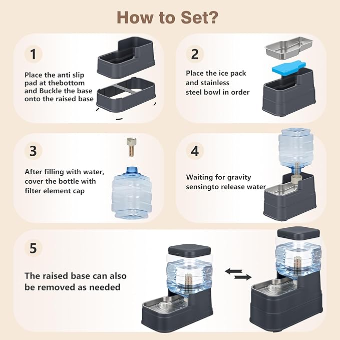 1.1 Gallon Pet Automatic Dog Water Dispenser Cat Gravity Waterer Feeder with Stainless Steel Bowl Large Capacity Puppy Feeding Raised Bowls with Filter,Ice Pack (Charcoal Gray, 4L(1.1 Gallon))