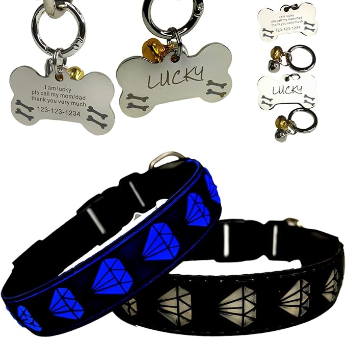LED Dog Collar with Diamond Pattern, 15 Light Modes, with Bonus Pet ID Tag and Bell (Black, XL(19.7-23.6"))