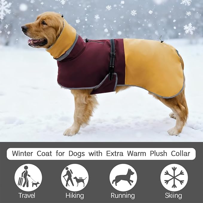 Waterproof Dog Winter Coat, Reflective Turtleneck Fleece Jacket with Snow Protection for Large Dogs, Cold Weather Pet Clothing (Yellow, 5XL)