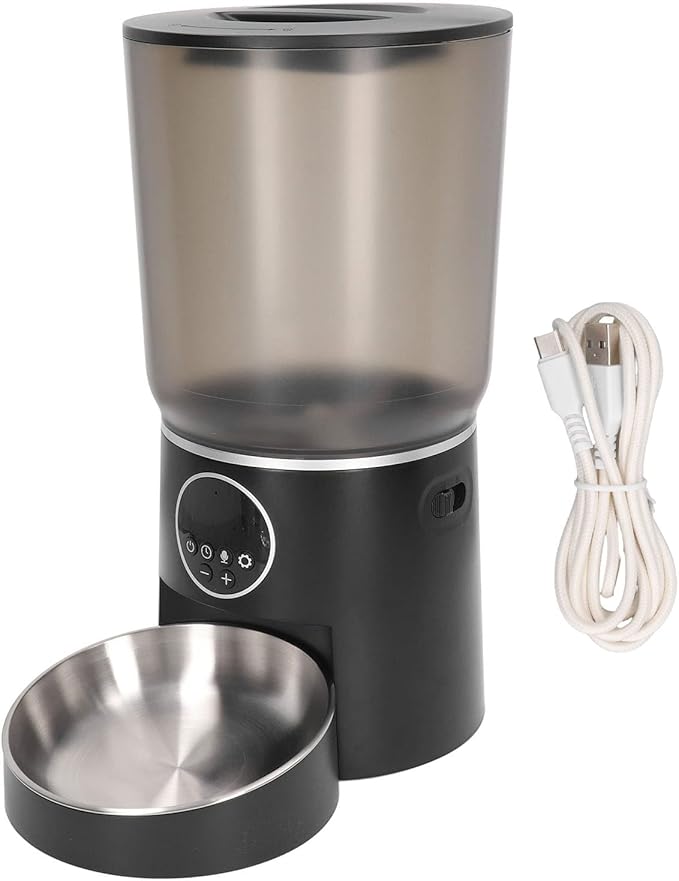 Automatic Pet Feeders, 5L Dual Power Support Smart Timing ABS Cat Dog Food Dispenser with Stainless Steel Bowl (Button