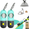 Dog Poop Waste Bags Holder with LED Flashlight|Cute Doggie Poo Bags Dispenser for Pet Leash|Trash Waste Bags Carrier with Potty Bags Clip Fastener LR44 Button Cells Included(2 Pack) (Mint Green)
