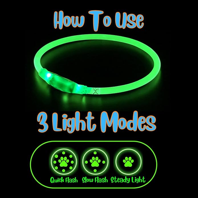 Dog Collar Light, Adjustable & USB Rechargeable, Water resistant, 3 light modes. Keep your Dog visible & safe at night, during walks. Suitable for all Pets, even people