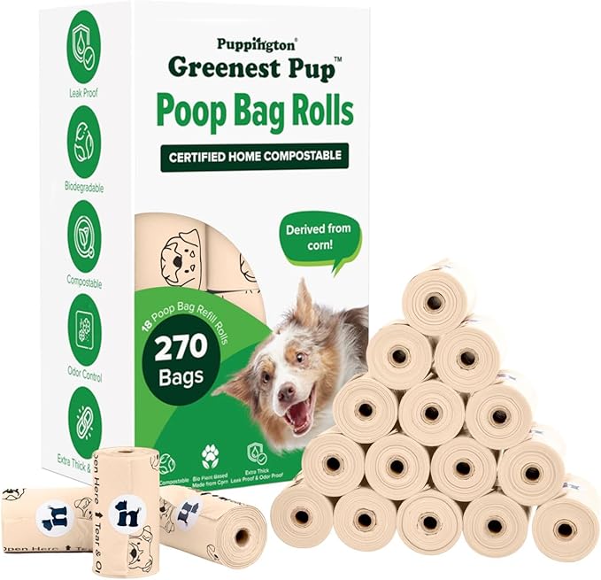 Puppington Certified Home Compostable Poop Bags - ASTM D6400 Compliant - 270 Extra Thick Bags - Plant Based - Pairs with Puppington 3-in-1 Bag & Fits all Standard Poop Bag Dispensers (Vanilla Cream)