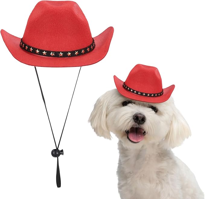 Dog Cowboy Hat, Mini Cowboy Hat for Pet with Chin Strap Adjustable Cosplay Cap, (Red, L), Intended for Dogs and Cats/Halloween Costume/Party Decoration