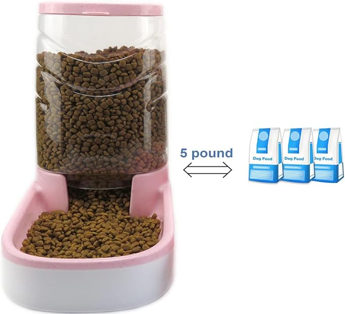 Automatic Cat Feeder Gravity Dog Feeder 1 Gallon Pet Feeder, Self-Dispensing Pet Feeder Bowl for Small and Medium Sized Pets Large Capacity (Pink)