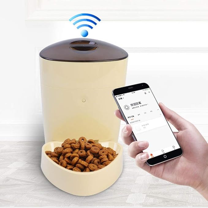 Intelligent Remote Control Automatic Feeding Pet Automatic Feeder Device Dog Cat Food Bowl 4L Large Capacity Portable (Color : Black) (Beige)