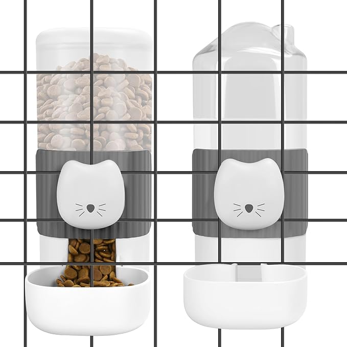 Yummy Sam Hanging Automatic Small Pet Food Water Dispenser, Auto Gravity 0.8L Cat Feeder and 0.87L Water Dispenser, Self-Feeding and Waterer Set Kennel Feeding Station for Puppy Cats (Grey White)