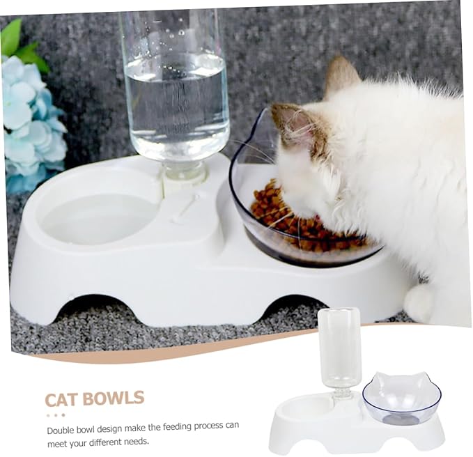 Dual-Bowl PET Feeder Set Automatic Water Dispenser 15° Tilted Cat and Dog Food Bowls for Small to Medium Pets