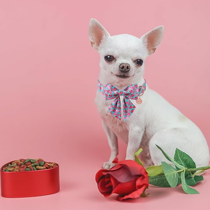 Valentine’s Day Dog Collar with Bow Tie, Pink Heart Bowtie Collar with Metal Buckle, Valentine’s Day Gift Pet Collar for Puppy Girl Boy Dog or Cat, Wedding Dog Collar, M, Neck 13.5-22in