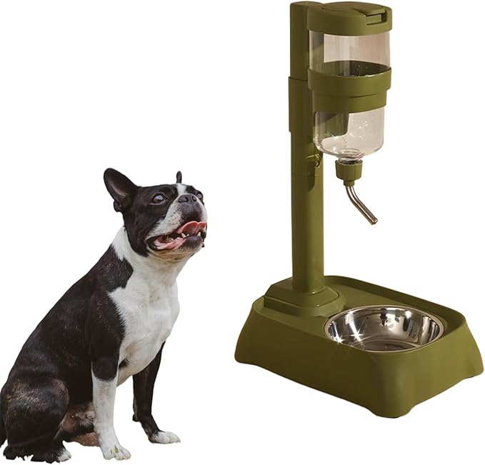 Pet Automatic Water Feeder, 770ml Adjustable Height Stainless Steel Pet Water Dispenser, Feeding Water and Feeding Dual-Purpose, Suitable for cat and Dog Families, Indoor &Outdoor (Olive Green)