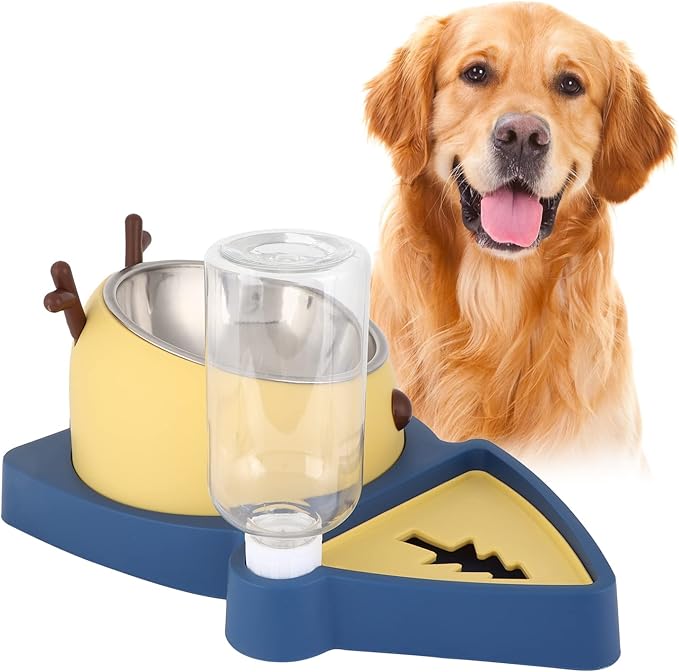 2-in-1 Double Dog Cat Bowls, Pet Water and Food Bowl Set, 320ml Automatic Water Dispenser Detachable Stainless Steel Bowl No-Spill Dog Waterer, Pet Feeder Auto Pets Waterer for Cat and Small Dog