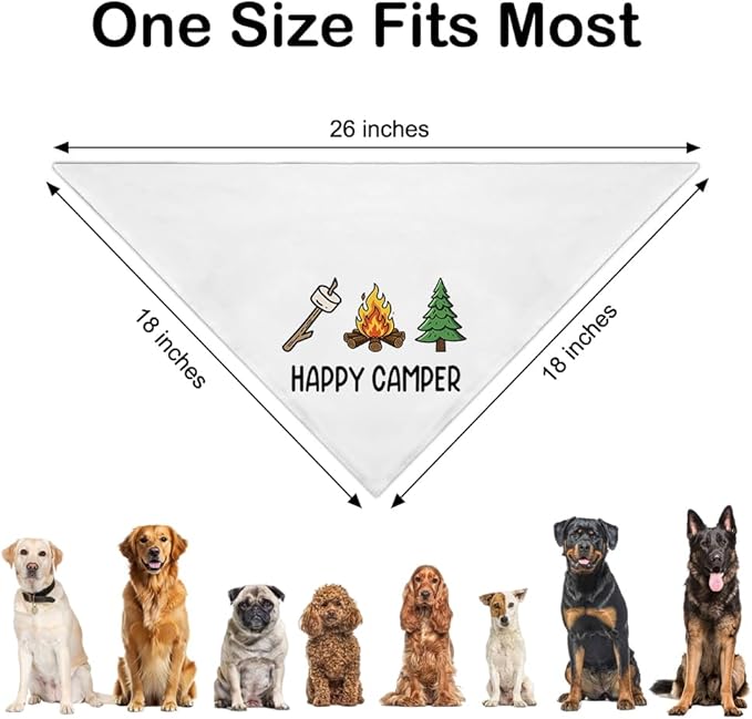 Happy Camper White Dog Bandana, Funny Pet Scarf Accessory Photo Prop for Nature Outdoor Adventure Hiking Camping Mountain, Christmas Birthday Gifts for Puppy Mom Dad Lover Camper