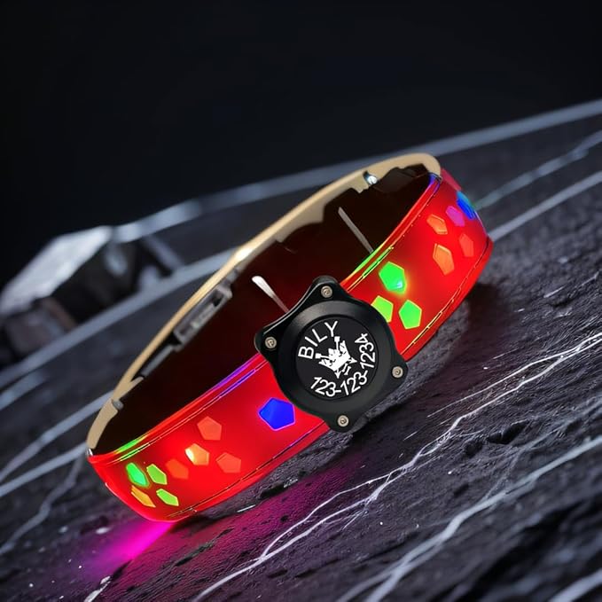 customerlized Personalized Dog Collar USB Rechargeable, Waterproof airtag Holder LED Light Up Dog Collar Adjustable Soft Silicone Collar for Medium Large Dogs (RED PRO, S(7.87-11.8"))