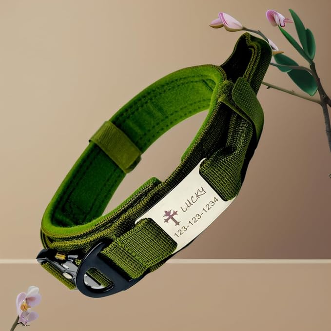 Personalized Tactical Dog Collar with Handle, Military Style, Adjustable (Army Green, L(16.5-20.4"))