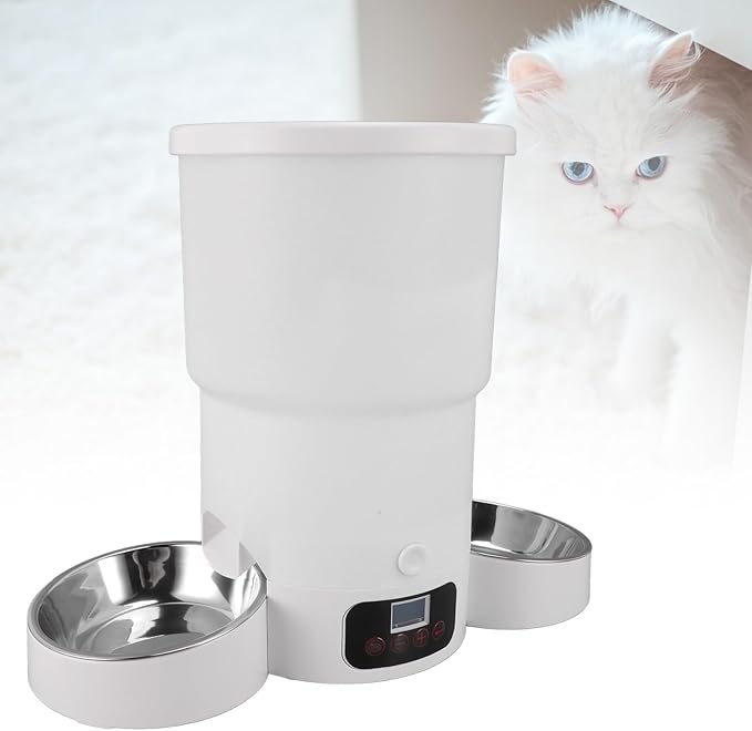 Automatic Pet Feeder, Intelligent Control 5L Double Bowl Stainless Steel Pet Feeder with Food Storage Bin USB Power Supply for Scheduling Suitable for Multiple Pets