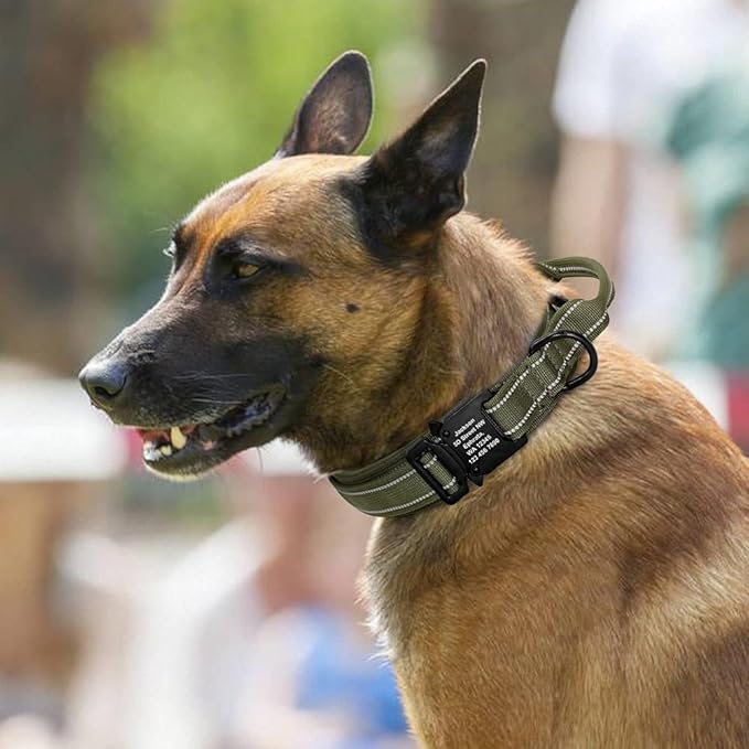 Military Tactical Pet Dog Collar Personalized Custom Nylon Reflective Small Medium Large Dog Collars Engraved ID Name Adjustable Green XL