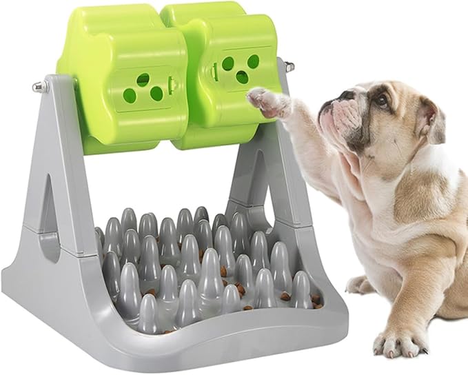 Automatic Rotating Dog Feeding Bowl with Anti-Choking Slow Feeder Function, Plastic Pet Food Dispenser for Training and Interactive Play, Gray and Green, Suitable for Puppies