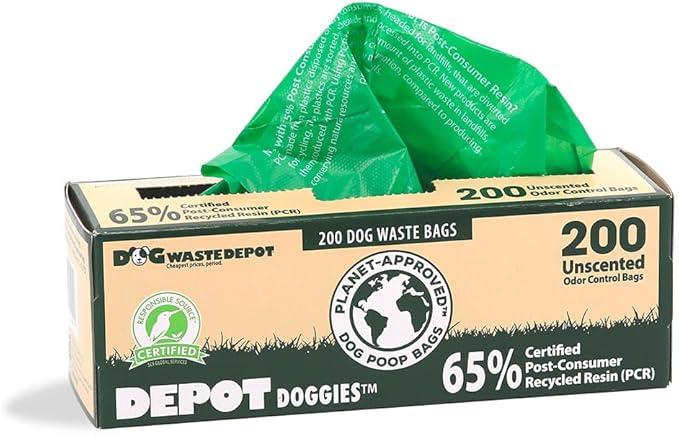Dog Waste Depot® Depot Doggies™ - Green - Unscented - 65% (PCR) Post Consumer Recycled Dog Waste Roll Bags - 50% thicker than competitor, fits the House dispenser (10 Rolls = 2000 bags)