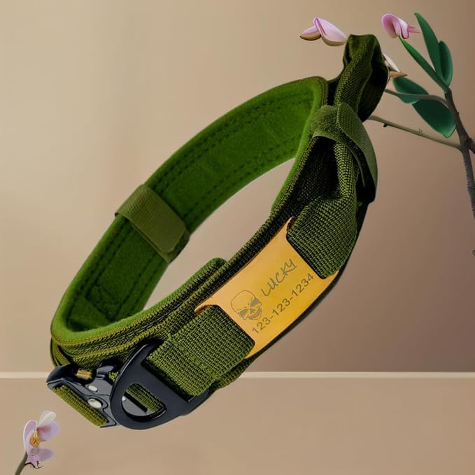 Personalized Tactical Dog Collar with Handle, Military Style, Adjustable (Army Green, XL(19.7-24.4"))