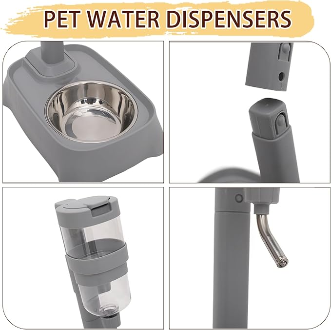 Pet Automatic Water Feeder, 770ml Adjustable Height Stainless Steel Pet Water Dispenser, Feeding Water and Feeding Dual-Purpose, Suitable for cat and Dog Families, Indoor &Outdoor (Grey)